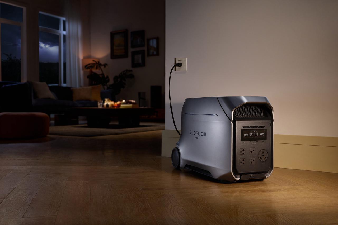 EcoFlow DELTA Pro Ultra X home backup power station in a living room, ready to keep devices running through storm-related blackouts.