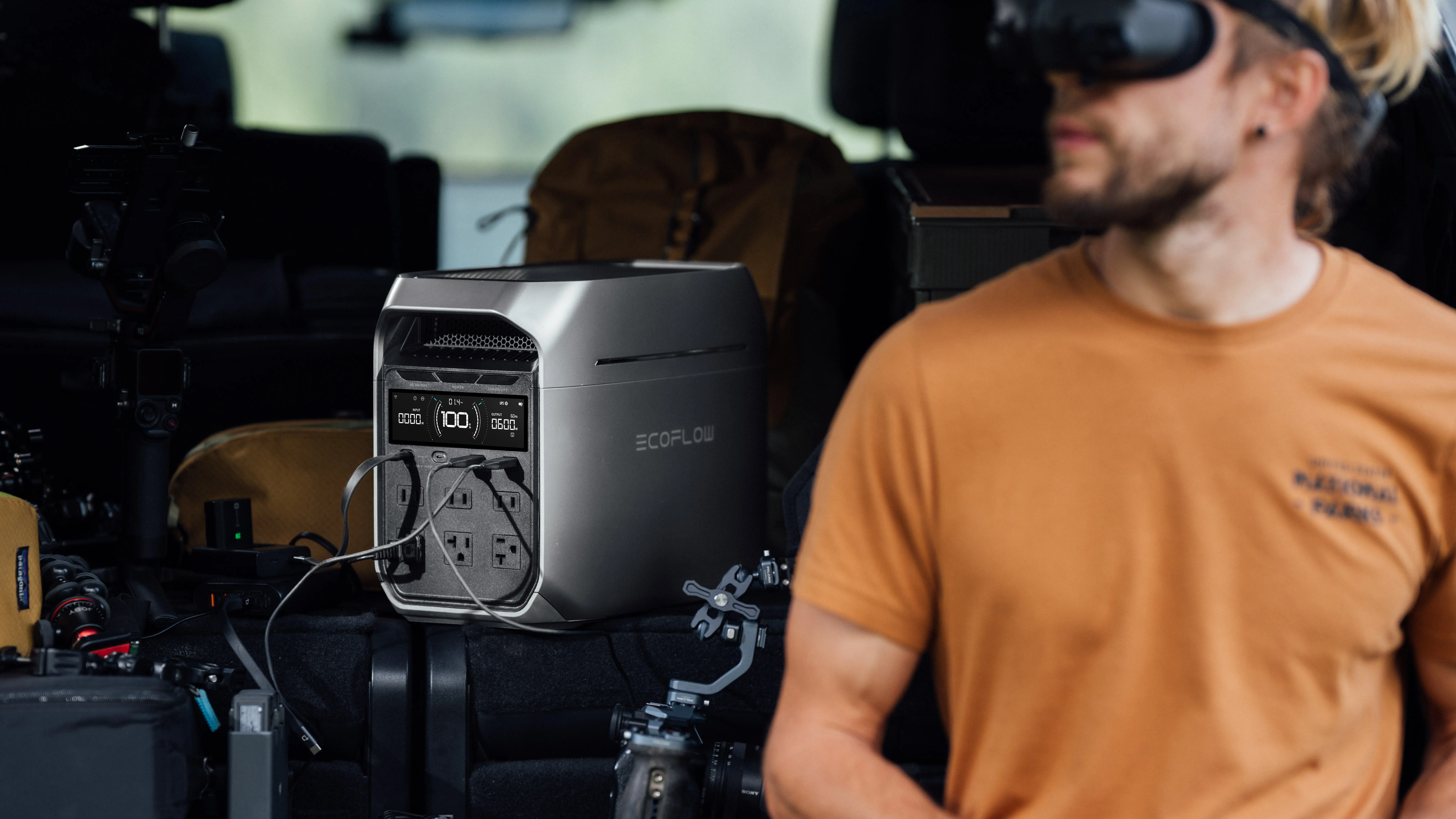 EcoFlow DELTA 3 Plus powering camera gear and VR equipment for creators on location, keeping devices charged and ready.