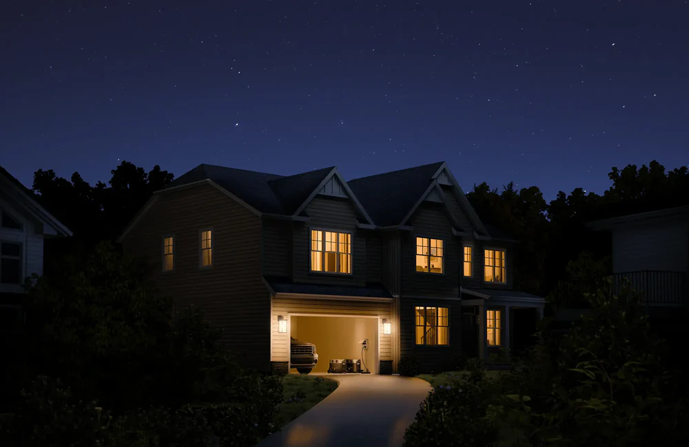 Whole home powered by the EcoFlow DELTA Pro portable power station system in the garage, keeping lights on during a night power outage