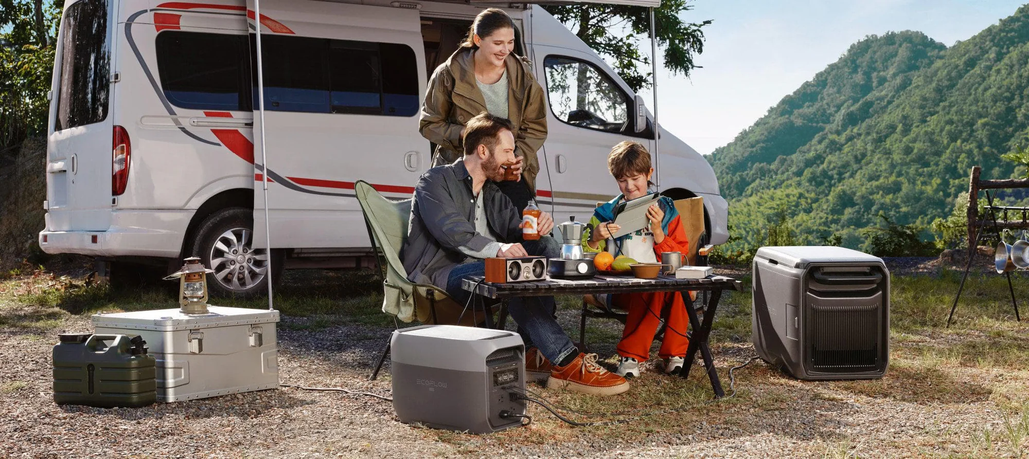 EcoFlow Delta 3 Max powering a family RV campsite, supporting devices like a tablet, speaker, and cooler for outdoor adventures.