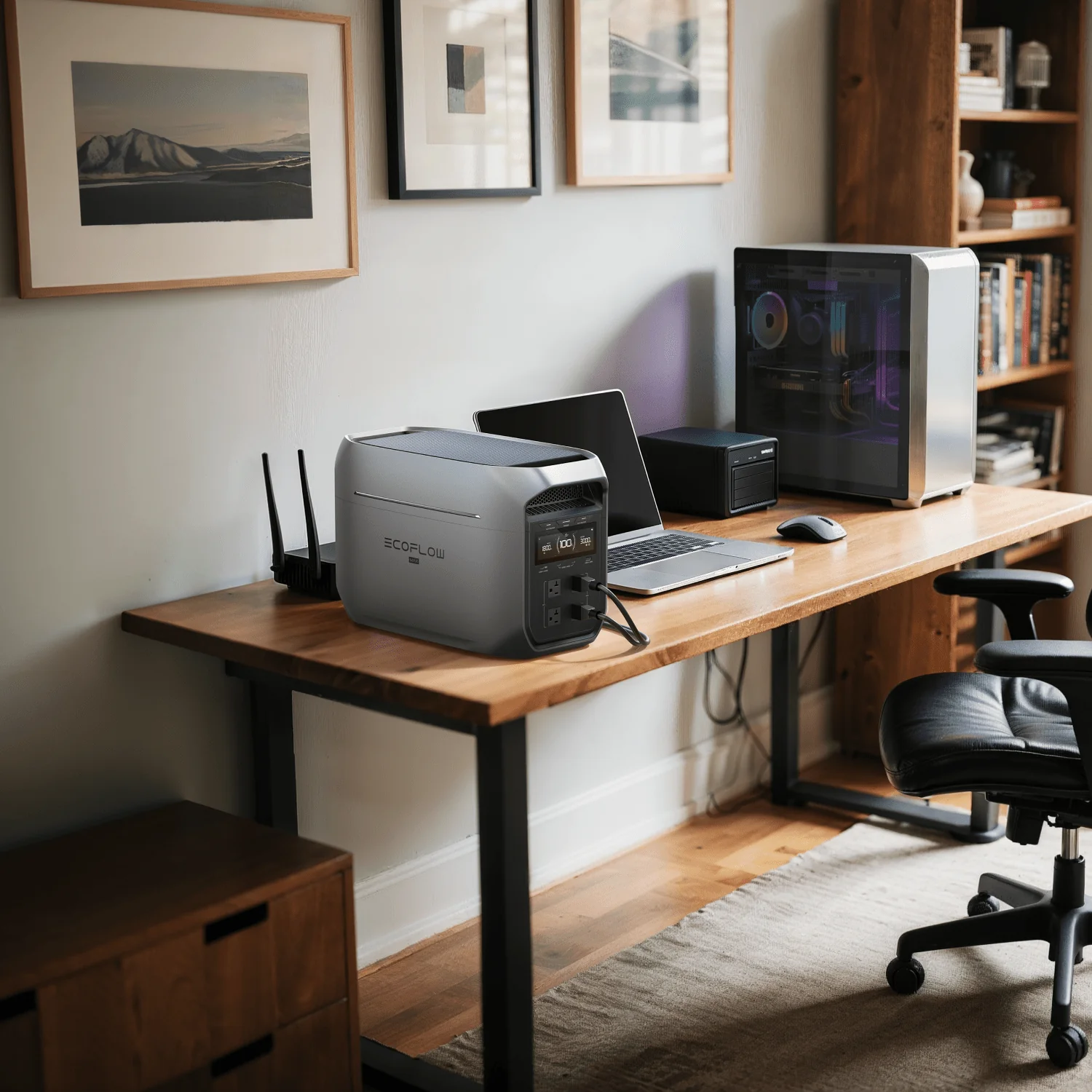 EcoFlow Delta 3 Max powering a home office setup with a laptop, desktop PC, and router for reliable backup power.