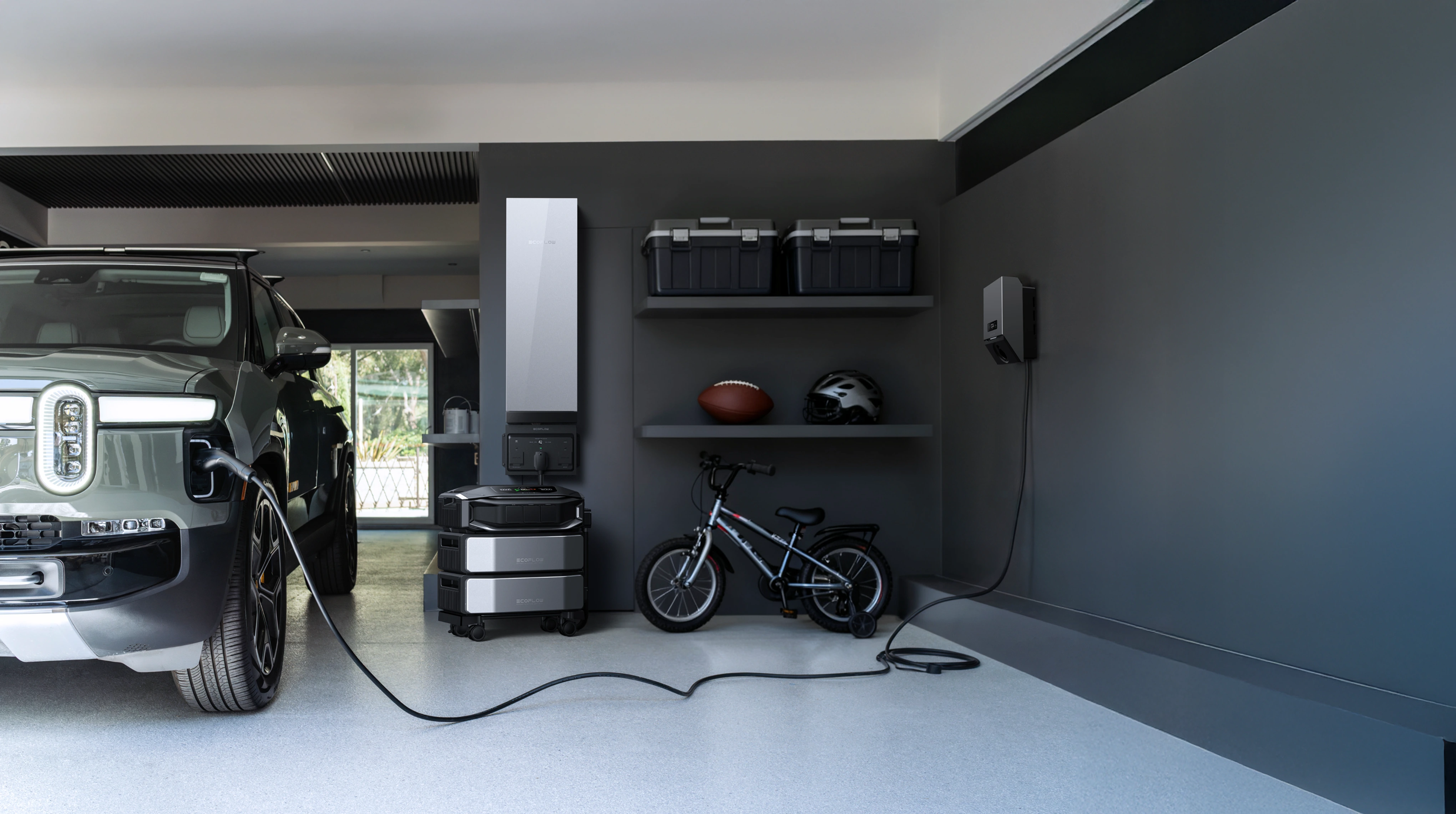 EcoFlow Delta Pro Ultra X home power system charging an electric car in a modern garage, providing reliable backup energy.
