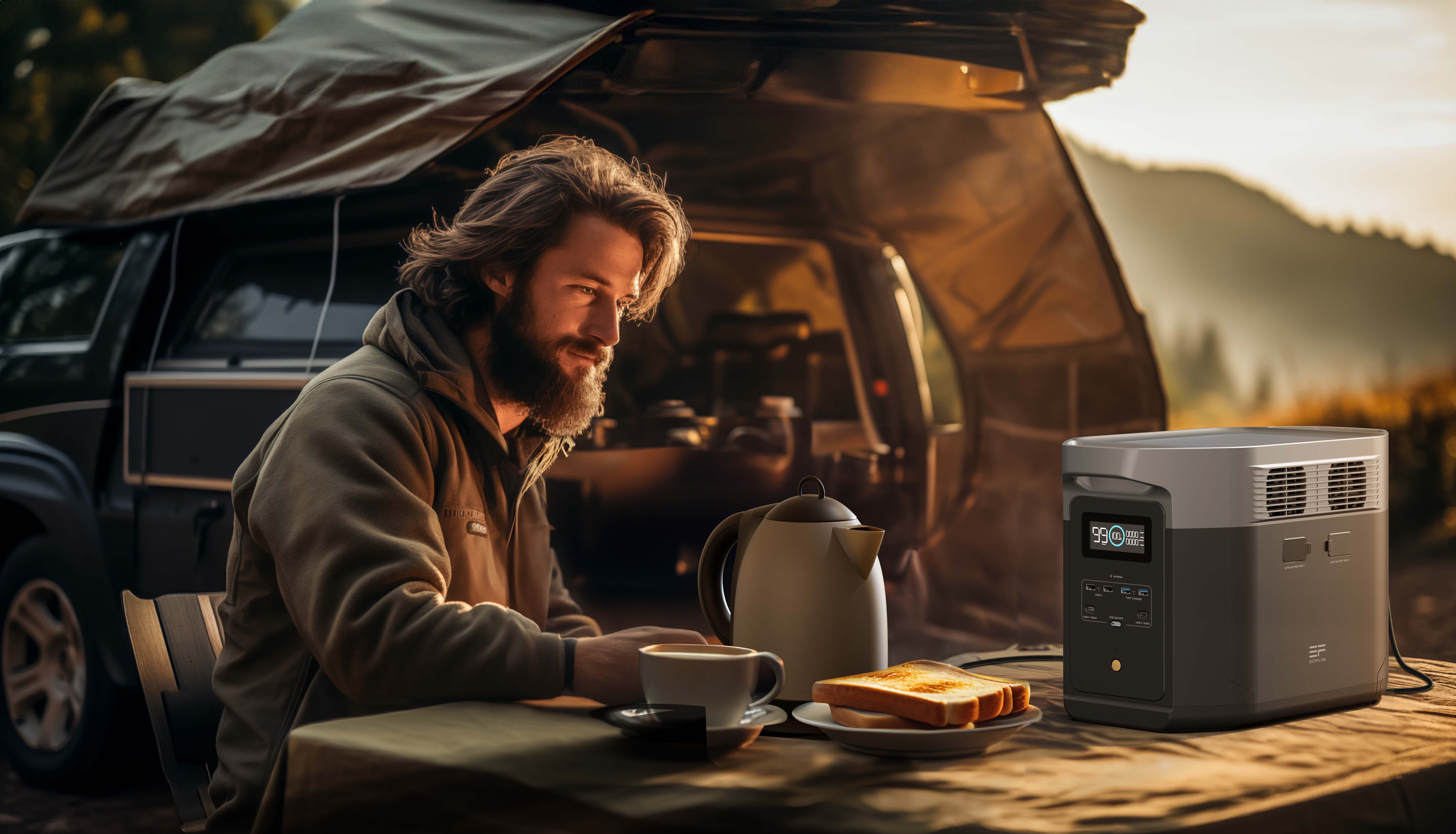 EcoFlow Delta 2 Max powering a kettle for morning coffee and toast at a scenic campsite during a road trip.