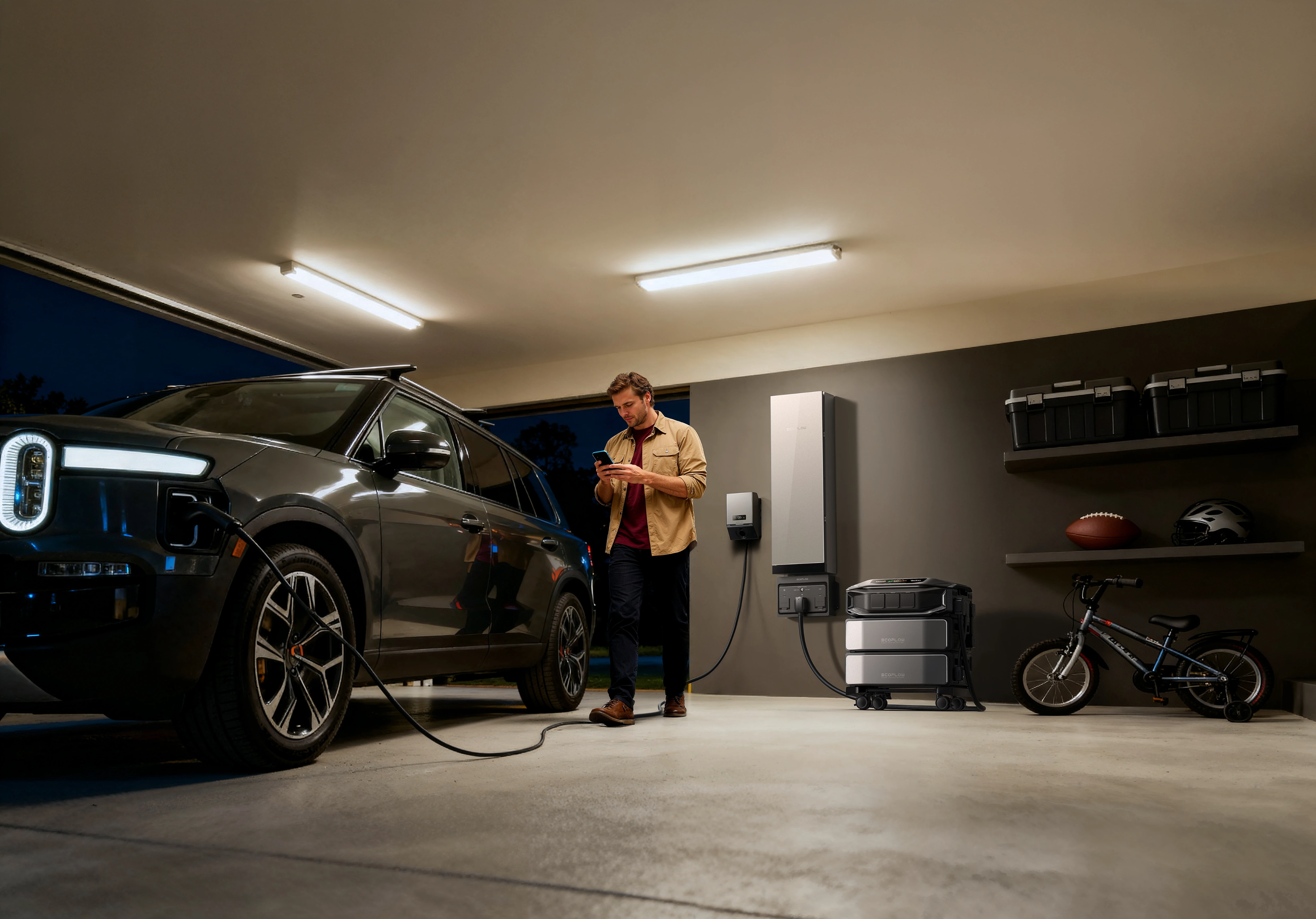 EcoFlow Delta Pro Ultra X power station in a garage, charging an electric car while the user controls the system via smartphone app.