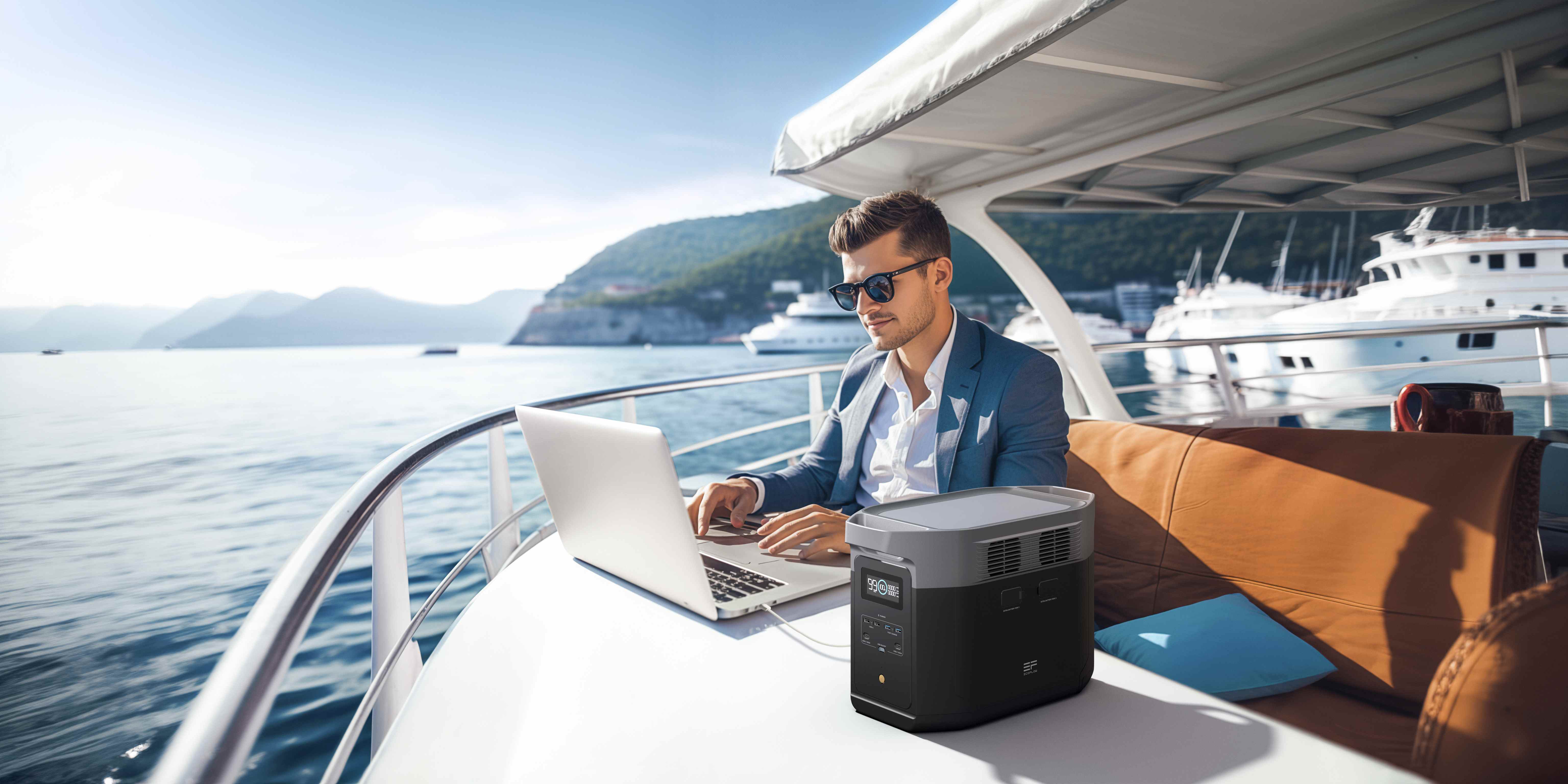 EcoFlow Delta 2 Max power station charging a laptop for remote work on a yacht, providing reliable off-grid power on the water.