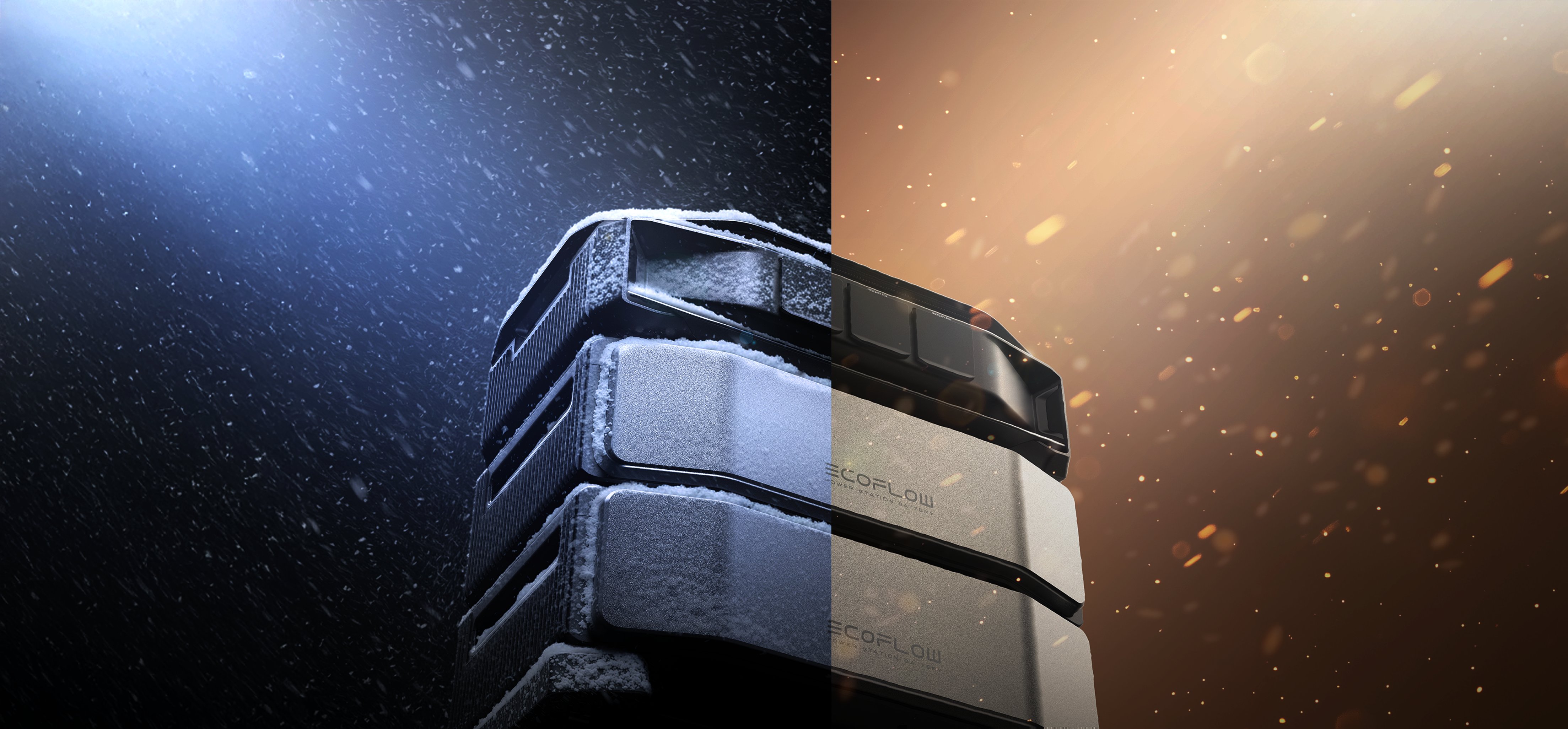 Stackable EcoFlow DELTA Pro Ultra X home battery station demonstrating wide temperature resistance in snow cold and high heat