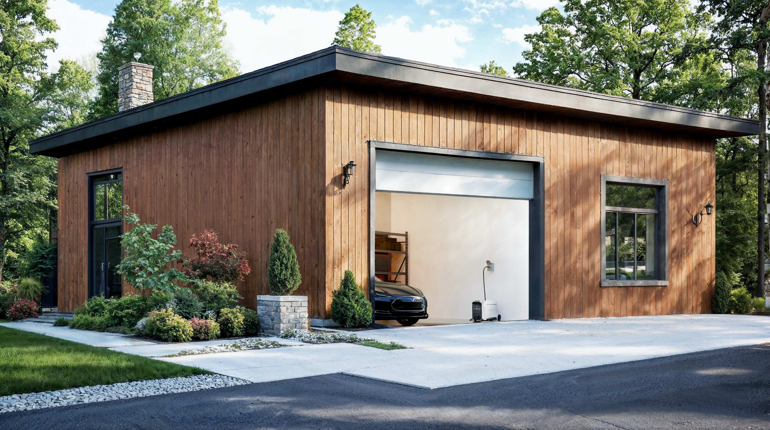 EcoFlow DELTA Pro 3 residential energy storage portable power station inside wooden detached garage for home emergency power supply