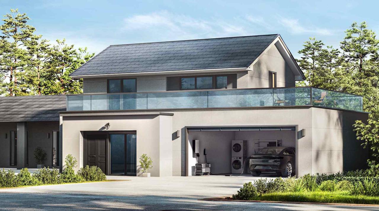 Two-story family home with solar roof, EcoFlow DELTA Pro Ultra portable power station in garage powering laundry appliances and electric vehicle, residential off-grid energy solution