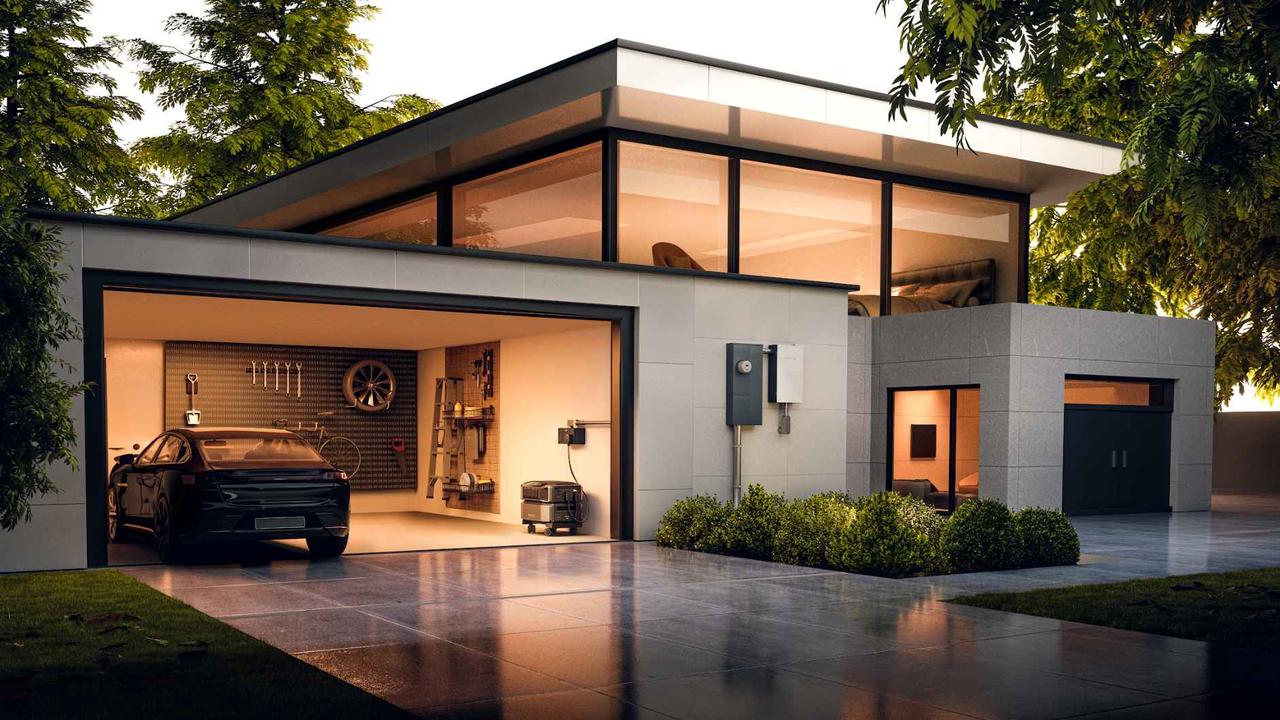 Contemporary minimalist villa with open garage housing EcoFlow DELTA Pro Ultra whole-home backup power system, residential solar energy storage lifestyle shot