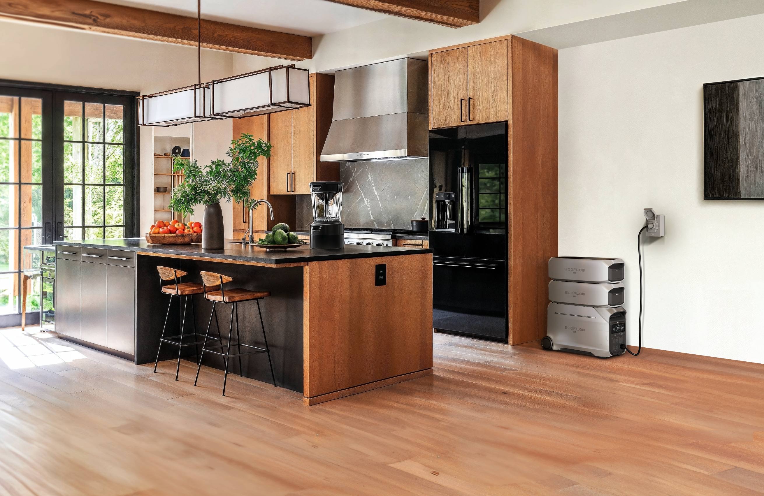 Stacked EcoFlow DELTA Pro 3 portable power stations placed in bright farmhouse kitchen, home off-grid power supply powering household appliances, interior home energy storage shot