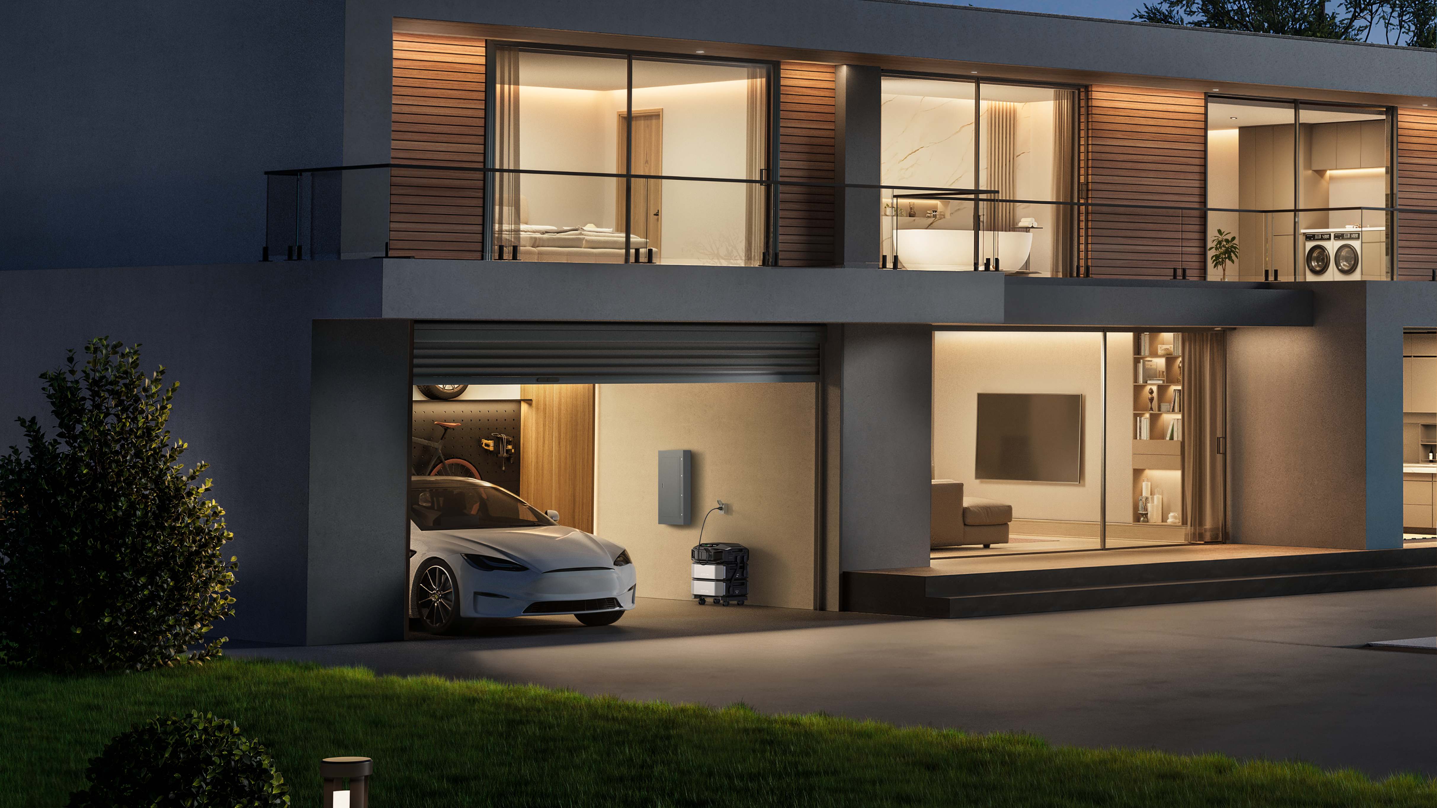 Close-up dusk lifestyle shot of minimalist modern home garage with electric car, EcoFlow DELTA Pro Ultra X stackable power station paired with wall home energy panel for full house blackout backup