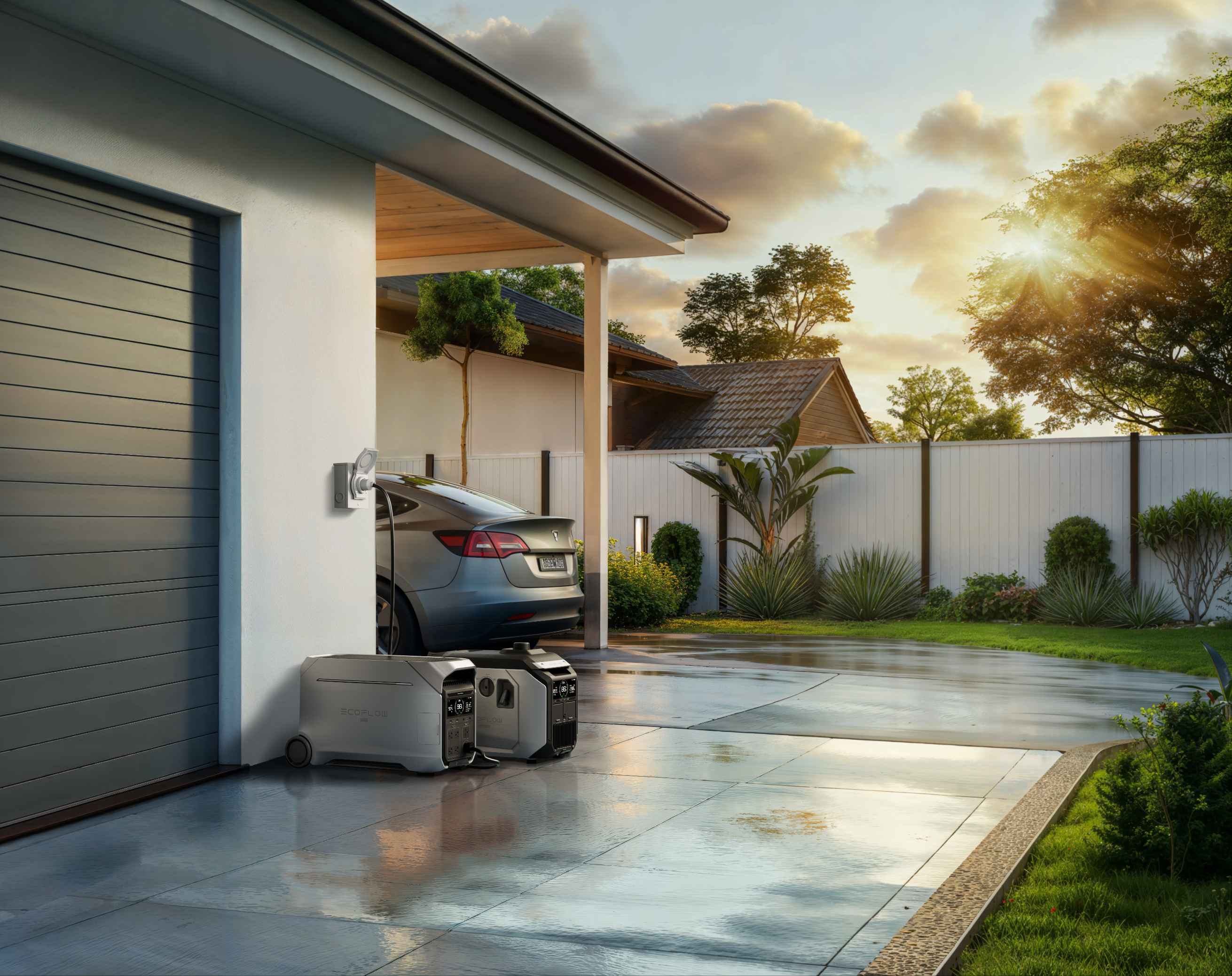 Pair of EcoFlow DELTA Pro 3 expandable portable power stations placed outside residential garage at golden sunrise, residential off-grid energy storage for home and EV charging