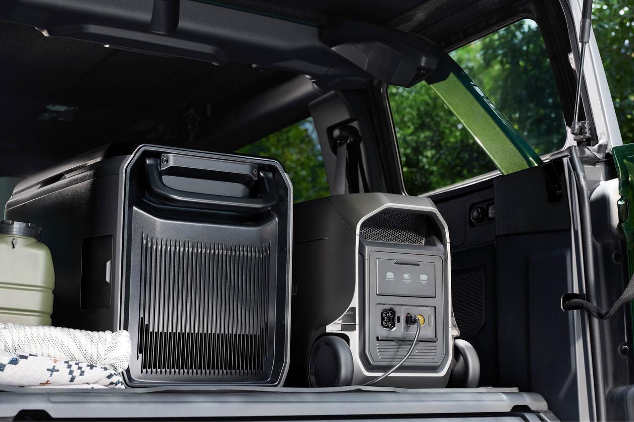 EcoFlow DELTA 3 Ultra portable power station sitting beside portable fridge inside vehicle trunk for off-grid RV camping power supply