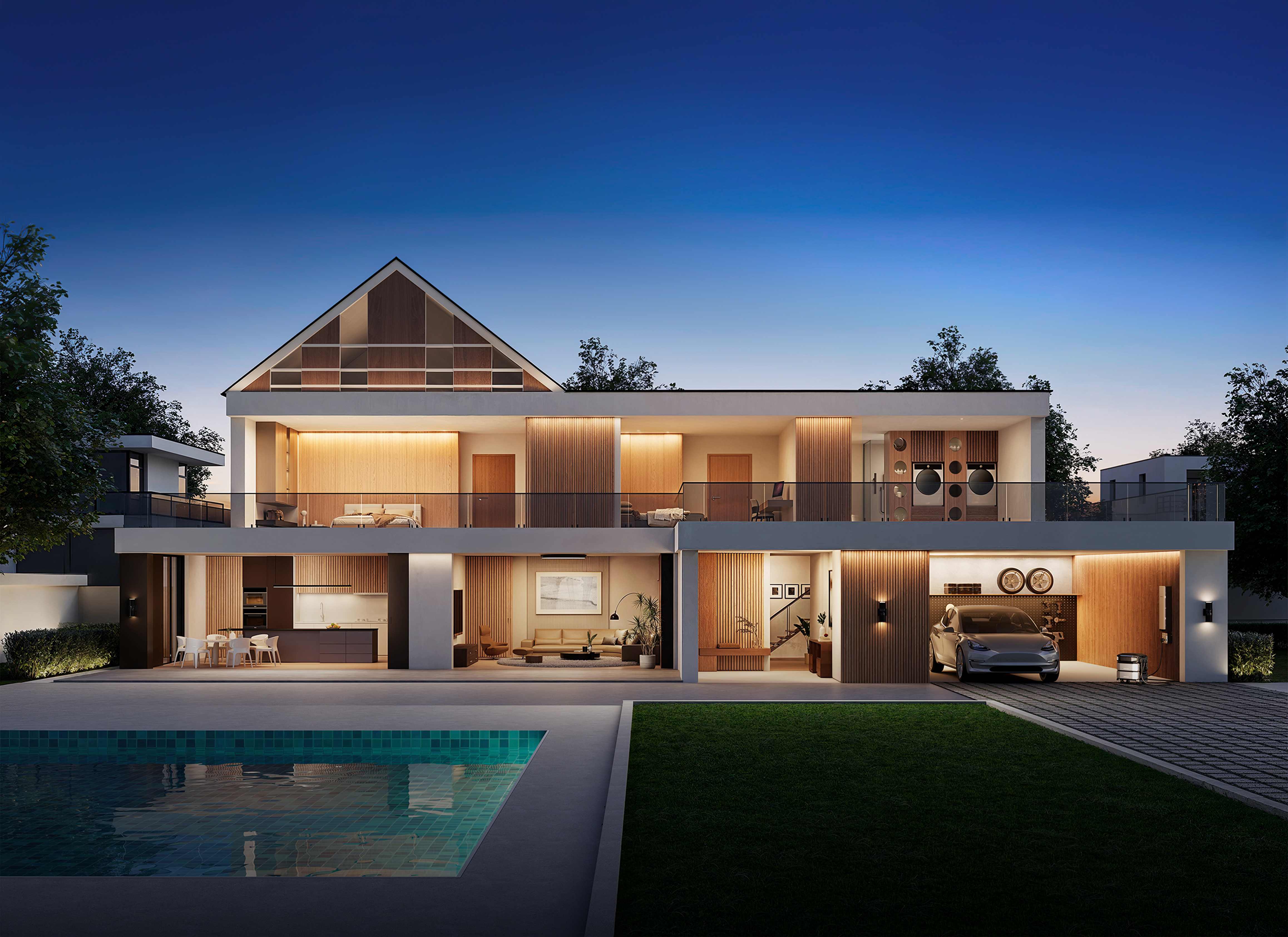 Modern luxury villa with swimming pool, EcoFlow DELTA Pro Ultra X whole home backup power in residential garage