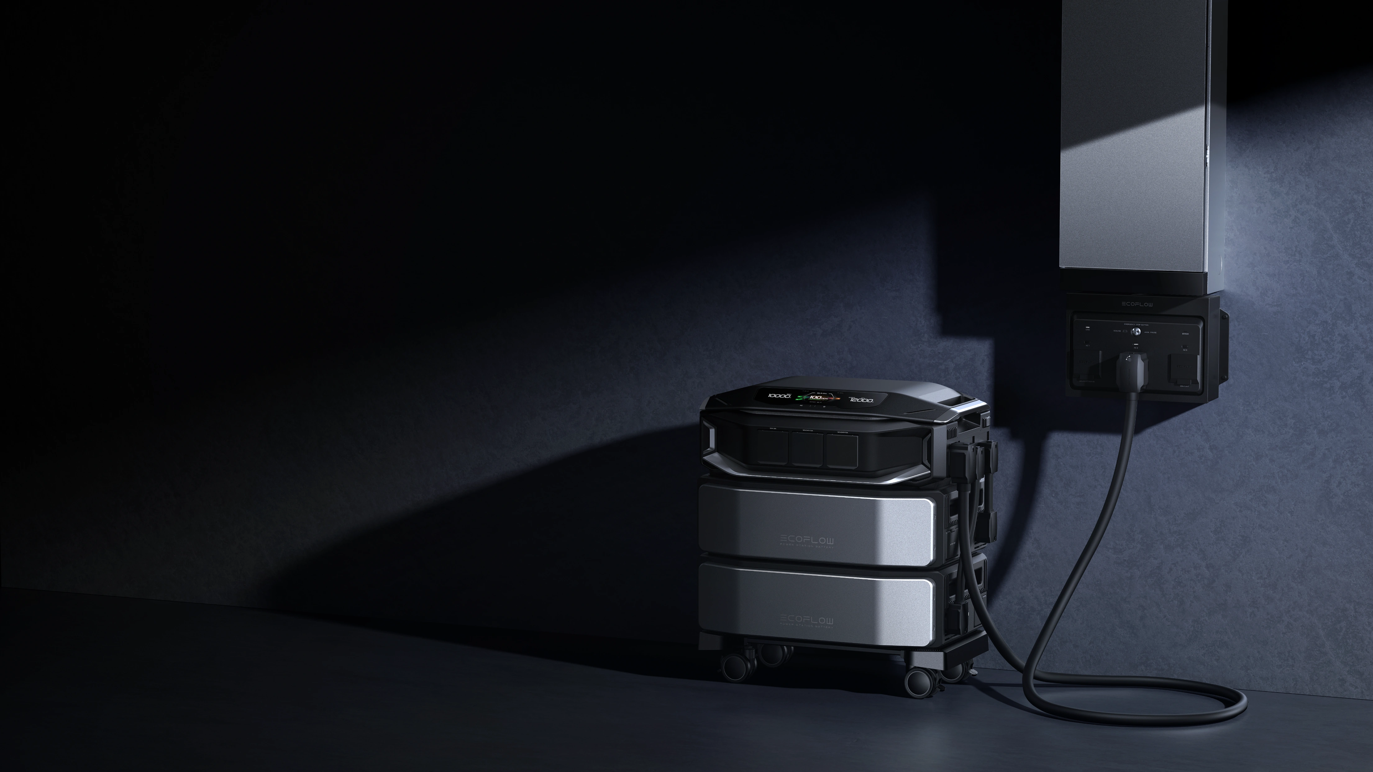 EcoFlow DELTA Pro Ultra X stacked expandable battery unit hardwired to wall transfer switch for household power supply