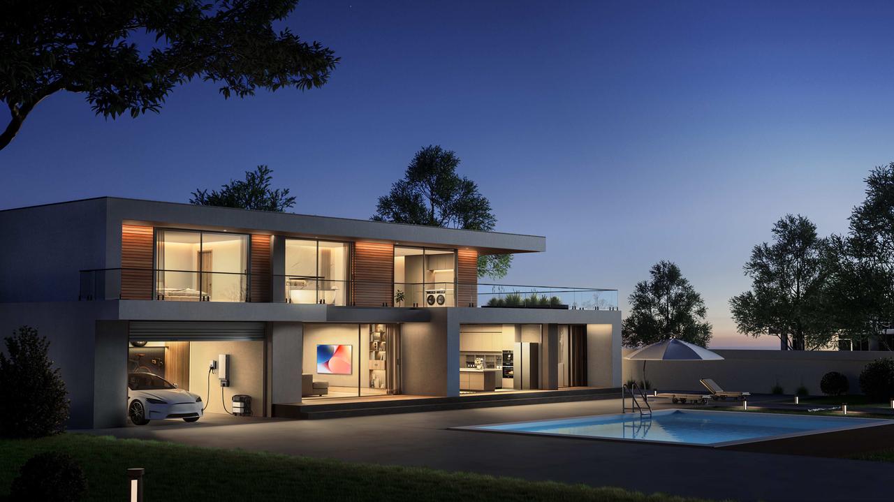 Luxury two-story villa with swimming pool at dusk, EV in garage connected to EcoFlow DELTA Pro Ultra X home power station, reliable whole-house backup energy for daily household appliances during power outages.
