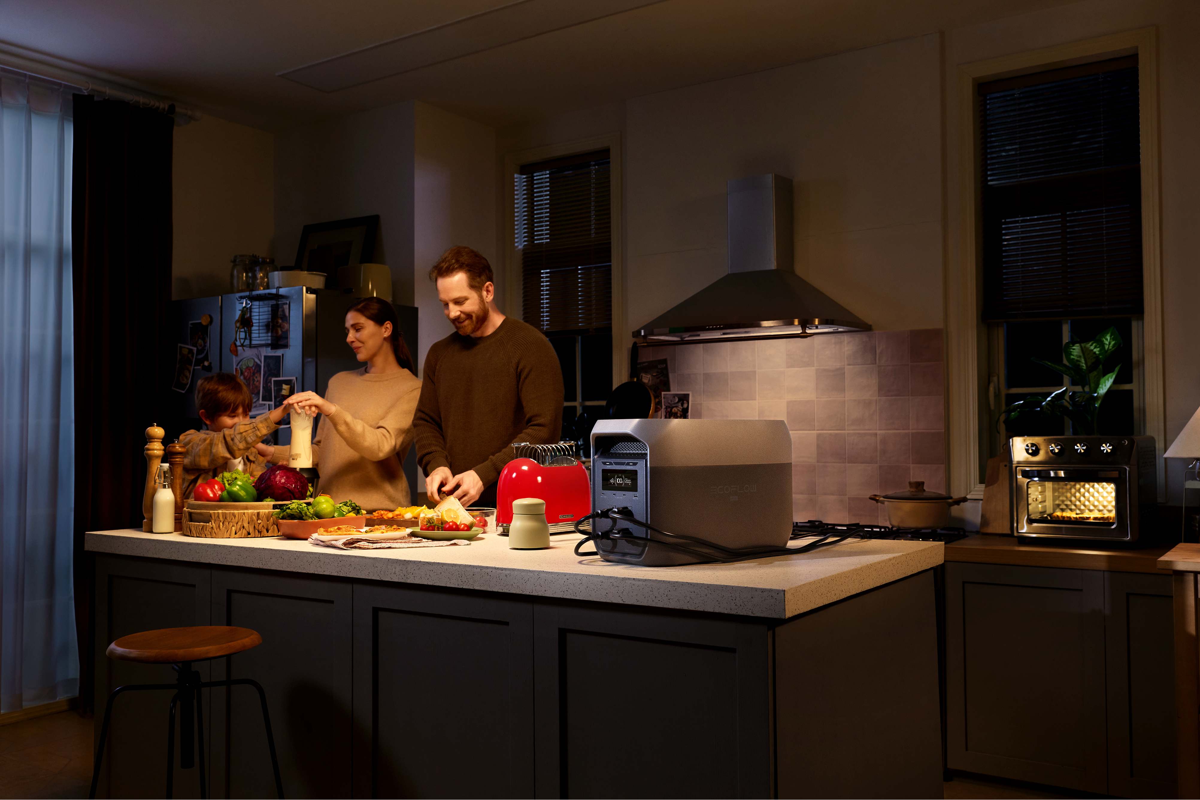 Family cooking together in modern kitchen, EcoFlow DELTA 3 Max Plus powering kitchen appliances like toasters and ovens to maintain daily routines safely amid grid power failures at home.
