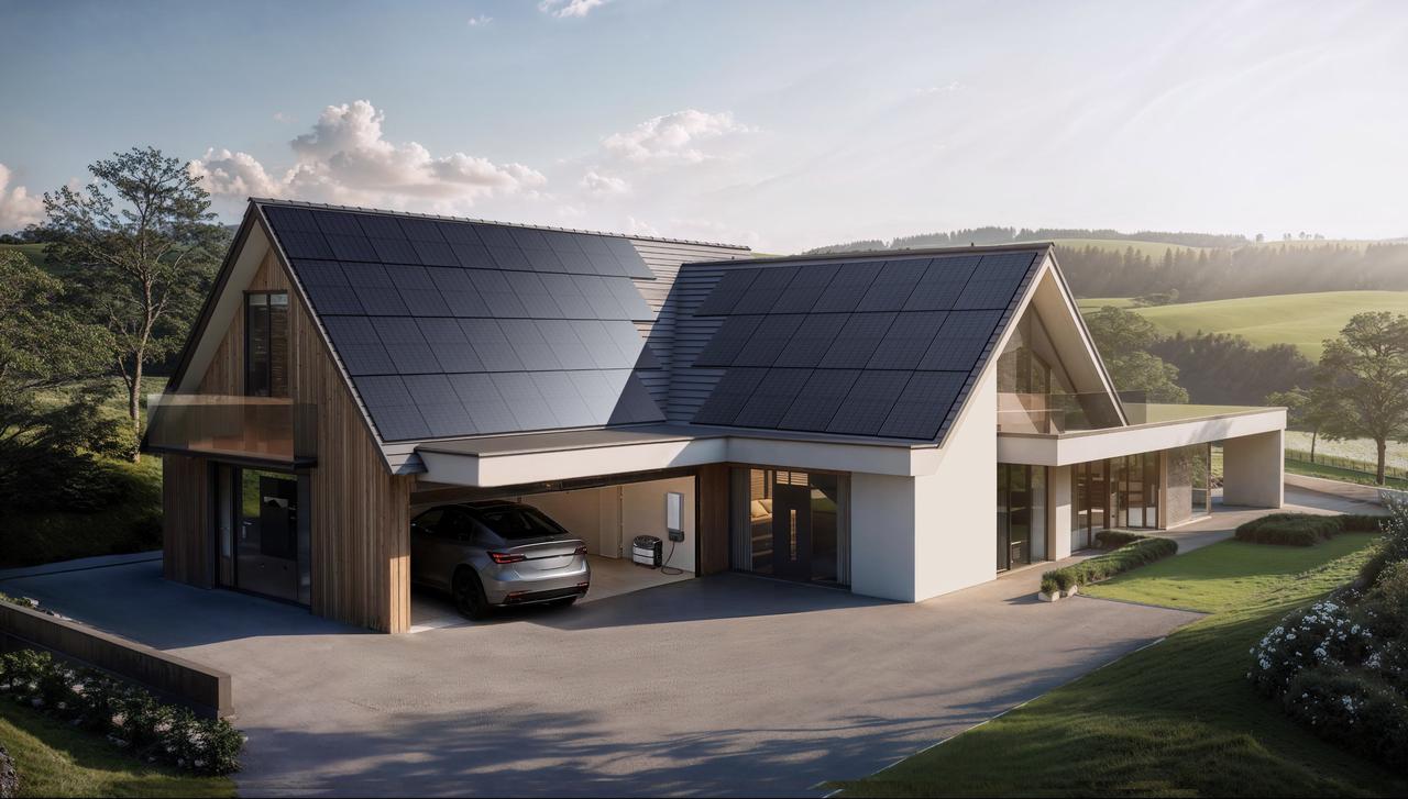 EcoFlow DELTA Pro Ultra X solar battery storage system in countryside house carport, works with rooftop solar panels for sustainable off-grid residential power supply