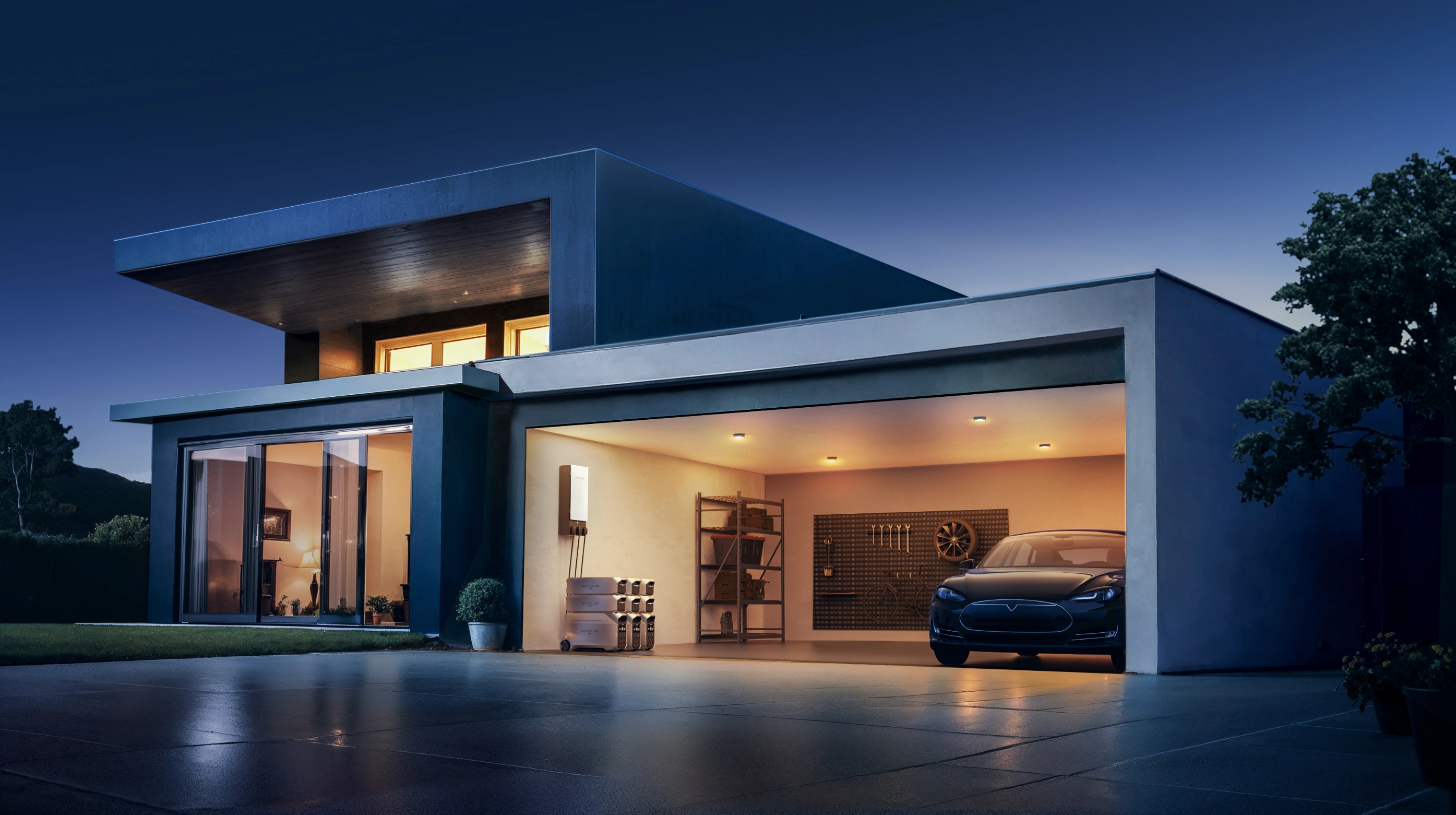 Stacked EcoFlow DELTA Pro 3 battery setup with wall transfer switch inside modern villa garage at night, whole-home backup power runs house appliances and electric car during grid outages