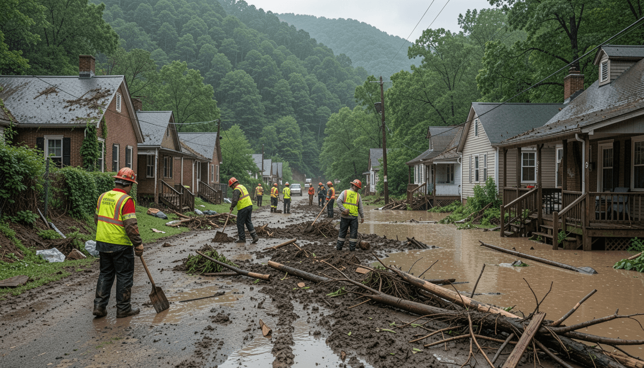 Emergency volunteers clearing mud and debris from a damaged Appalachian home