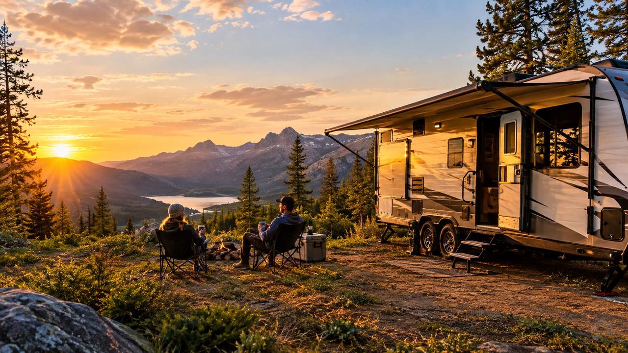 Couple outside a trailer in scenic mountains