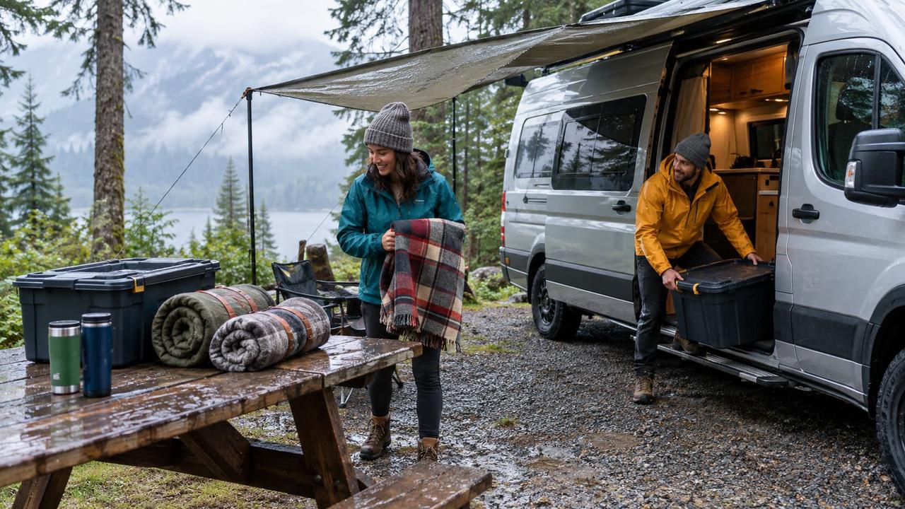 Campers packing gear in the rain