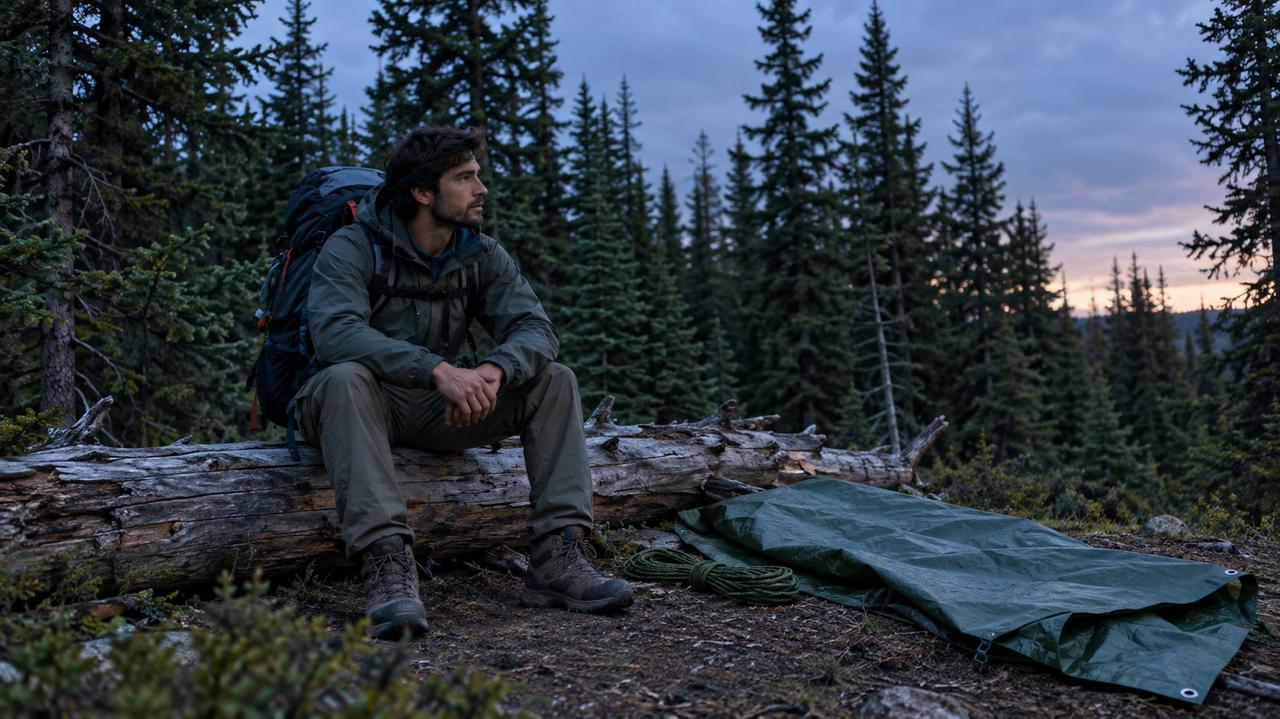 setting up tarp shelter after stopping