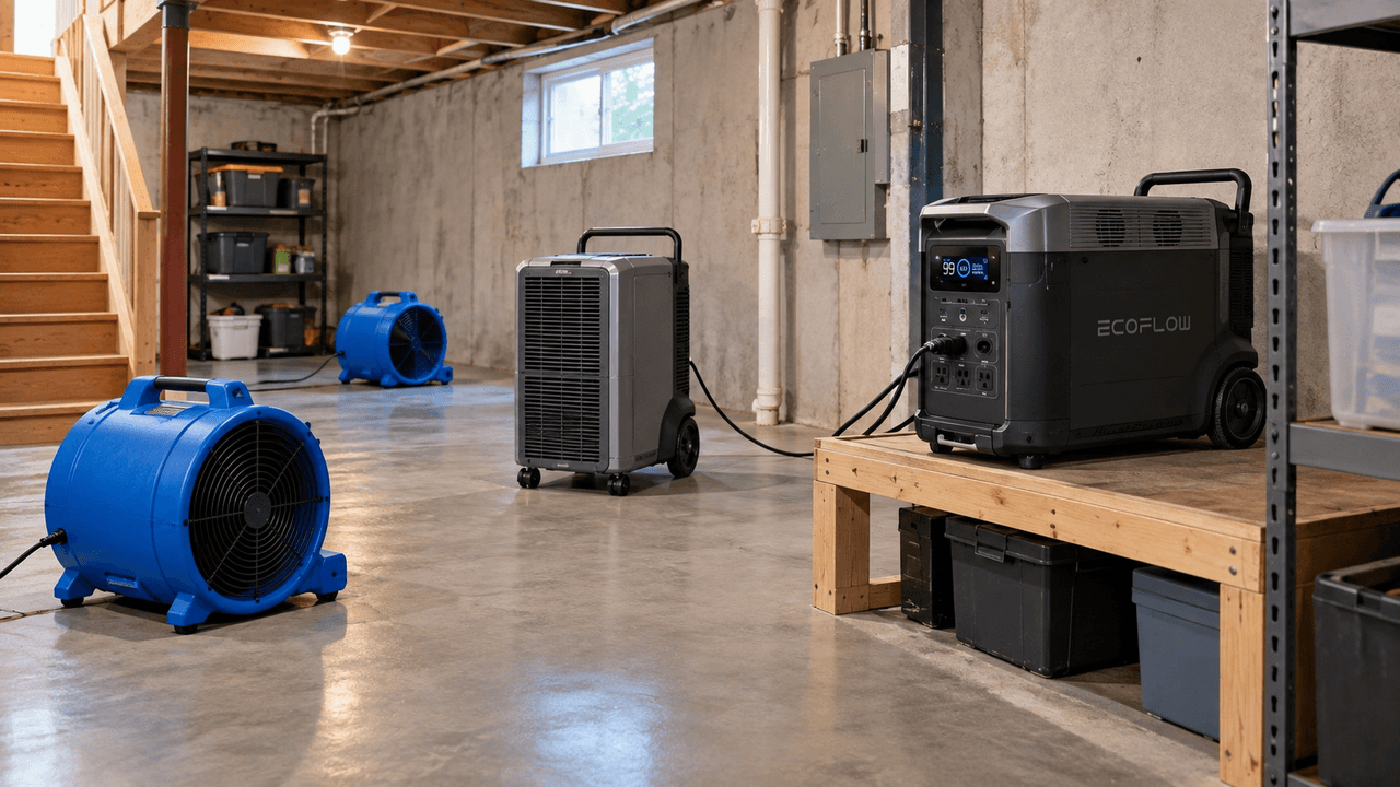 Basement drying equipment and backup power on a dry surface.