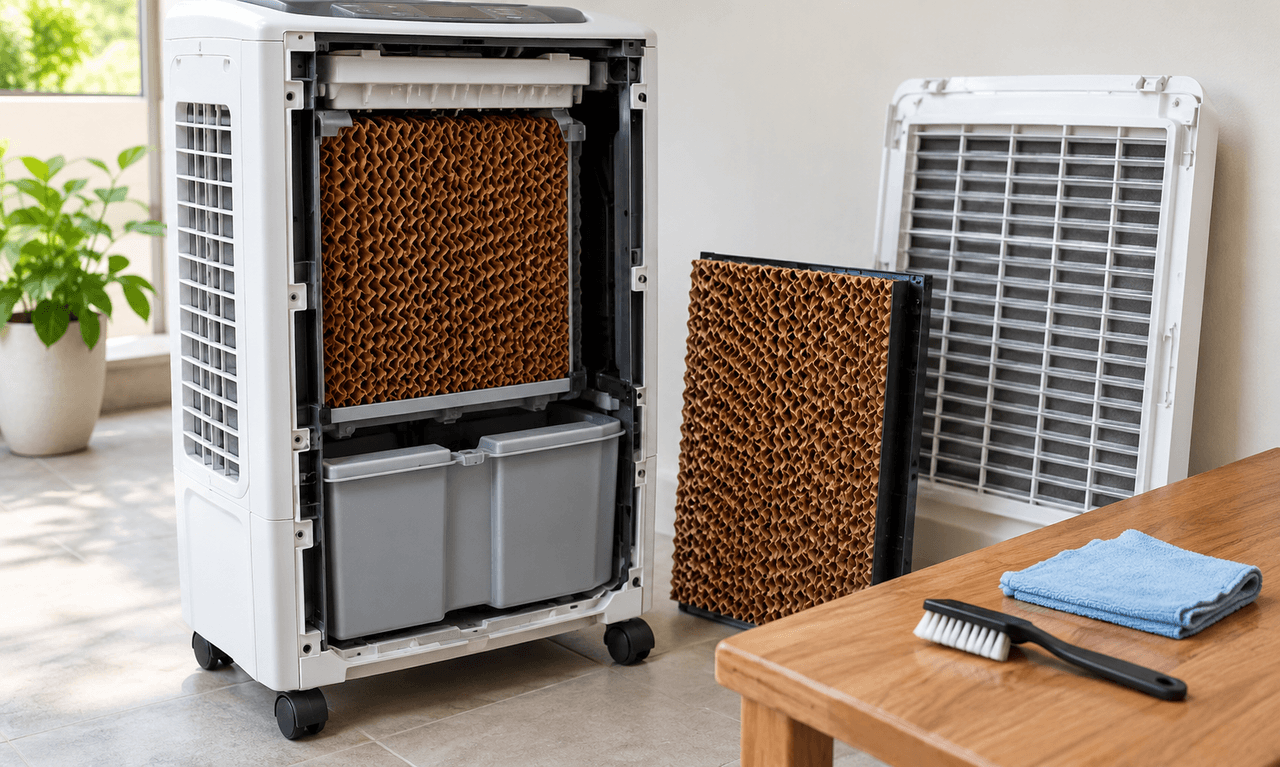 Portable evaporative cooler with exposed cooling pads and cleaning tools.